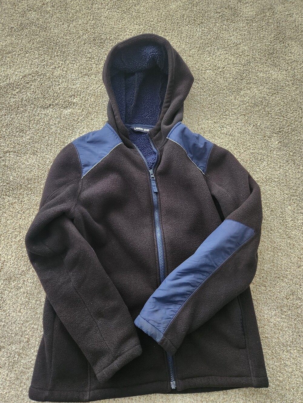 Lands' End Black Hooded Fleece Jacket with Blue Panels